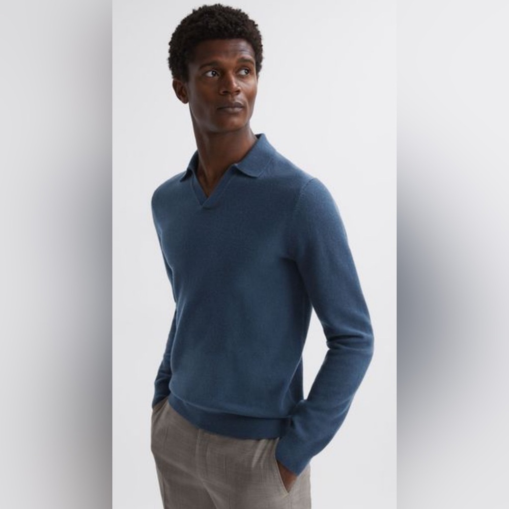 Petrol Blue Reiss Swifts Merino Wool Open Collar Top
